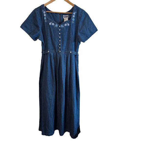 Vintage Erika & Co Denim Dress Women Lg 90s Maxi Blue Floral Cottage Granny - Picture 1 of 12
